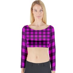 Magenta And Black Plaid Pattern Long Sleeve Crop Top by Valentinaart