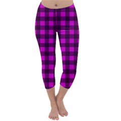 Magenta And Black Plaid Pattern Capri Winter Leggings  by Valentinaart