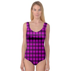 Magenta And Black Plaid Pattern Princess Tank Leotard 