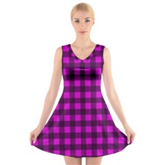 Magenta And Black Plaid Pattern V-neck Sleeveless Skater Dress by Valentinaart