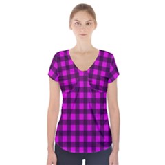 Magenta And Black Plaid Pattern Short Sleeve Front Detail Top