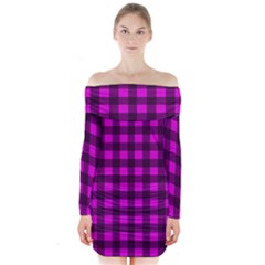 Magenta And Black Plaid Pattern Long Sleeve Off Shoulder Dress