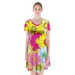 Floral Background Short Sleeve V-neck Flare Dress by Nexatart