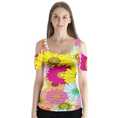 Floral Background Butterfly Sleeve Cutout Tee 