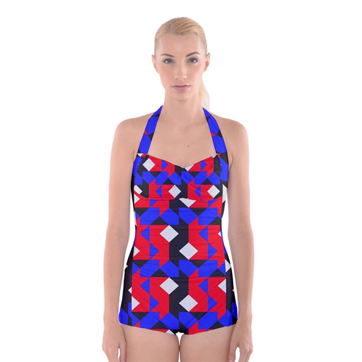 Pattern Abstract Artwork Boyleg Halter Swimsuit 