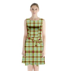 Geometric Tartan Pattern Square Sleeveless Chiffon Waist Tie Dress