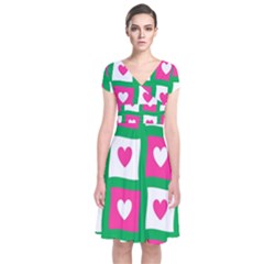 Pink Hearts Valentine Love Checks Short Sleeve Front Wrap Dress by Nexatart