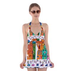 Painted Autos City Skyscrapers Halter Swimsuit Dress