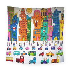 Painted Autos City Skyscrapers Square Tapestry (large)