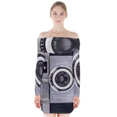 Vintage Camera Long Sleeve Off Shoulder Dress