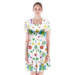 Cute Butterflies And Flowers Pattern Short Sleeve V-neck Flare Dress