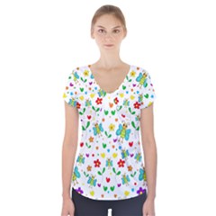 Cute Butterflies And Flowers Pattern Short Sleeve Front Detail Top by Valentinaart