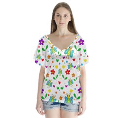 Cute Butterflies And Flowers Pattern Flutter Sleeve Top