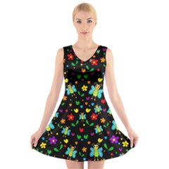 Butterflies And Flowers Pattern V-neck Sleeveless Skater Dress by Valentinaart