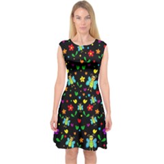 Butterflies And Flowers Pattern Capsleeve Midi Dress