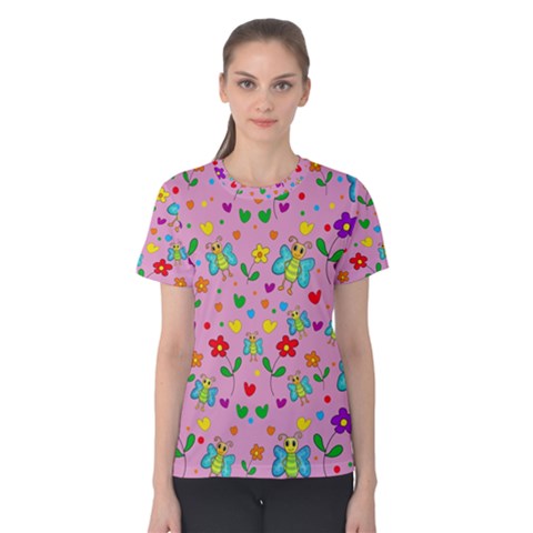 Cute Butterflies And Flowers Pattern - Pink Women s Cotton Tee by Valentinaart