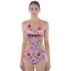 Cute Butterflies And Flowers Pattern - Pink Cut-out One Piece Swimsuit by Valentinaart