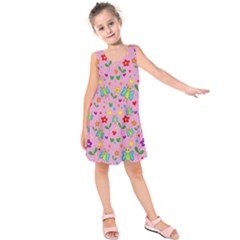 Cute Butterflies And Flowers Pattern - Pink Kids  Sleeveless Dress