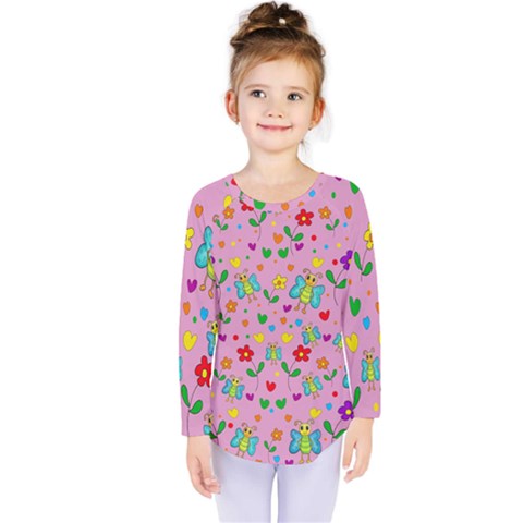 Cute Butterflies And Flowers Pattern - Pink Kids  Long Sleeve Tee by Valentinaart