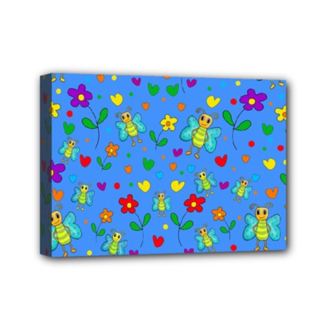 Cute Butterflies And Flowers Pattern - Blue Mini Canvas 7  X 5  by Valentinaart