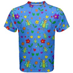 Cute Butterflies And Flowers Pattern - Blue Men s Cotton Tee by Valentinaart