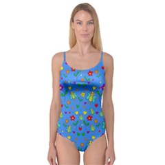 Cute Butterflies And Flowers Pattern - Blue Camisole Leotard 