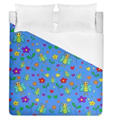 Cute Butterflies And Flowers Pattern - Blue Duvet Cover (queen Size) by Valentinaart