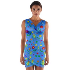 Cute Butterflies And Flowers Pattern - Blue Wrap Front Bodycon Dress