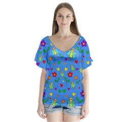 Cute Butterflies And Flowers Pattern - Blue Flutter Sleeve Top