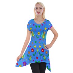 Cute Butterflies And Flowers Pattern - Blue Short Sleeve Side Drop Tunic by Valentinaart