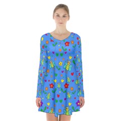 Cute Butterflies And Flowers Pattern - Blue Long Sleeve Velvet V-neck Dress by Valentinaart