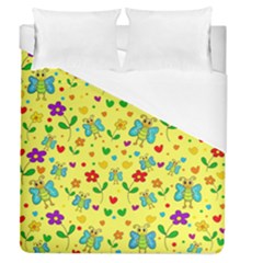 Cute Butterflies And Flowers - Yellow Duvet Cover (queen Size)