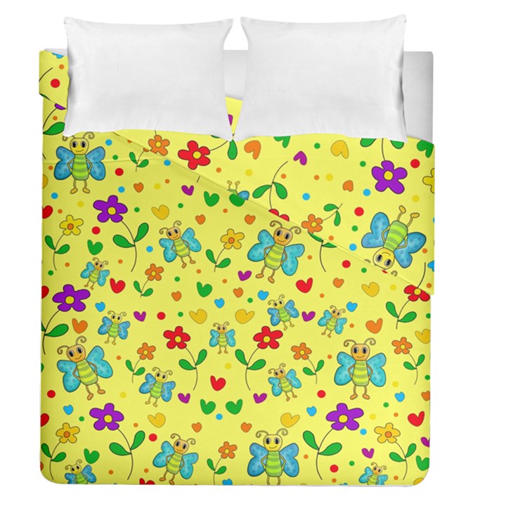 Cute butterflies and flowers - yellow Duvet Cover Double Side (Queen Size)