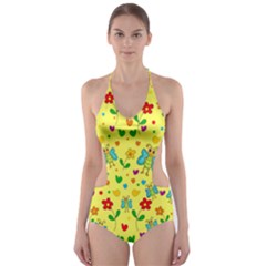 Cute Butterflies And Flowers - Yellow Cut-out One Piece Swimsuit by Valentinaart