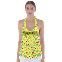 Cute Butterflies And Flowers - Yellow Babydoll Tankini Top by Valentinaart