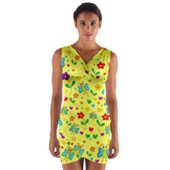 Cute Butterflies And Flowers - Yellow Wrap Front Bodycon Dress by Valentinaart