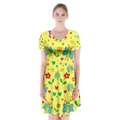 Cute Butterflies And Flowers - Yellow Short Sleeve V-neck Flare Dress