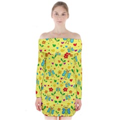 Cute Butterflies And Flowers - Yellow Long Sleeve Off Shoulder Dress