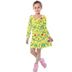 Cute Butterflies And Flowers - Yellow Kids  Long Sleeve Velvet Dress by Valentinaart