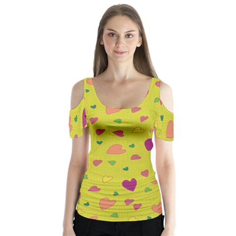 Colorful Hearts Butterfly Sleeve Cutout Tee  by Valentinaart