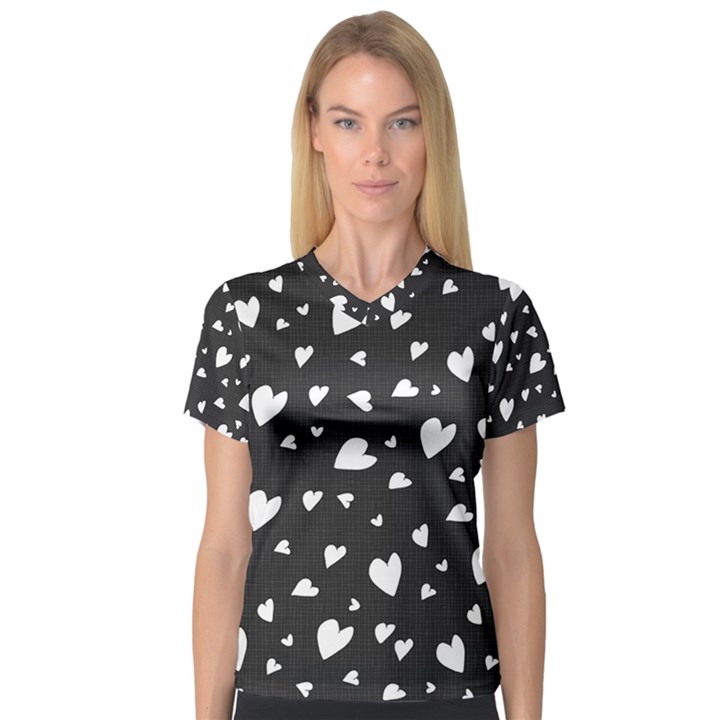 Black and white hearts pattern Women s V-Neck Sport Mesh Tee