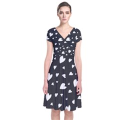 Black And White Hearts Pattern Short Sleeve Front Wrap Dress by Valentinaart