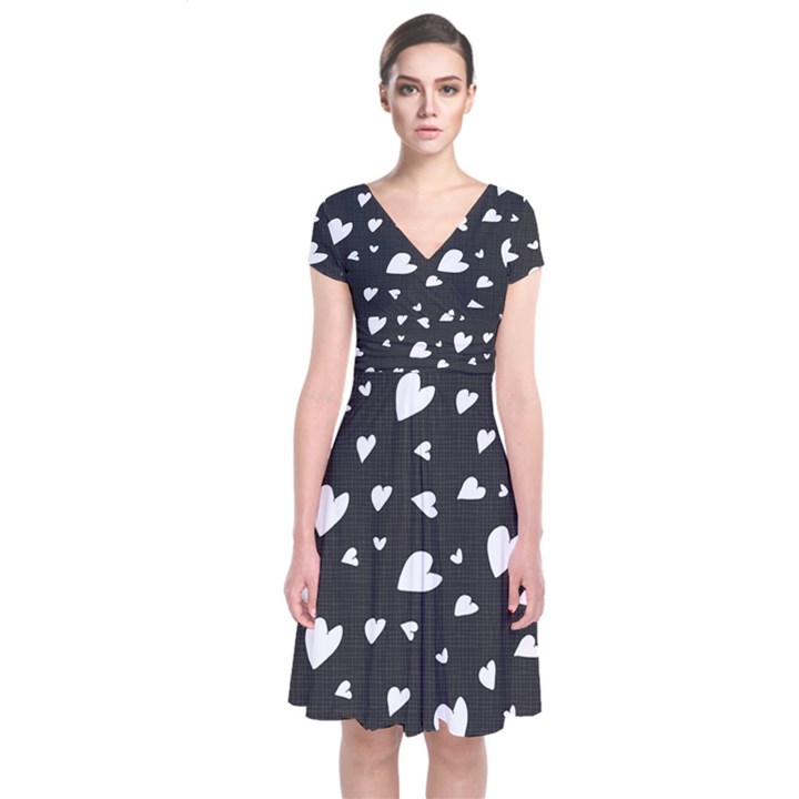 Black and white hearts pattern Short Sleeve Front Wrap Dress