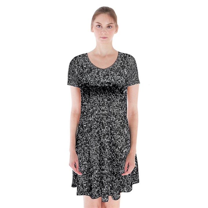 Black elegant texture Short Sleeve V-neck Flare Dress