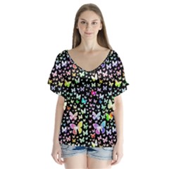 Rainbow Butterflies V-neck Flutter Sleeve Top by FarrellArts