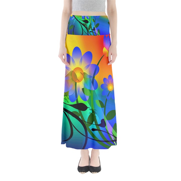 Abstract Flowers Bird Artwork Maxi Skirts