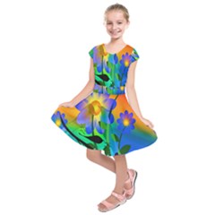 Abstract Flowers Bird Artwork Kids  Short Sleeve Dress