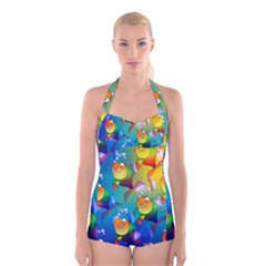 Fish Pattern Boyleg Halter Swimsuit 