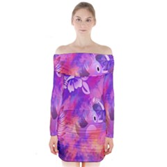 Abstract Flowers Bird Artwork Long Sleeve Off Shoulder Dress