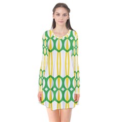 Green Yellow Shapes                      Long Sleeve V-neck Flare Dress